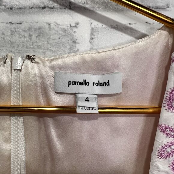 Pamella Roland White Beaded 100% Silk Made In The USA Size 4 Embossed Dress - Picture 4 of 14